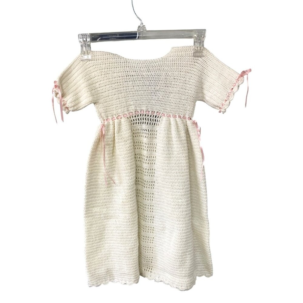 Handcrafted Crochet Baby Christening Gown With Pink Ribbon Accents - Soft Ivory